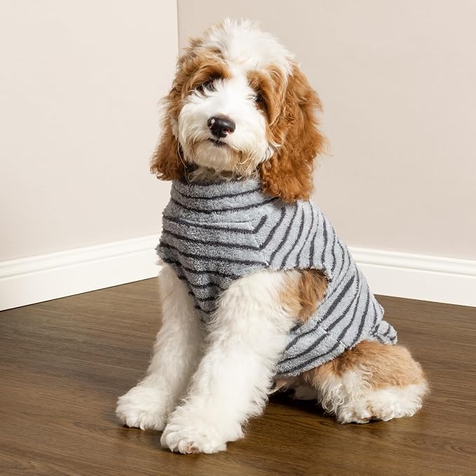 Fitwarm 2 Pack Striped Fleece Dog Sweater, Warm Winter Dog Clothes for Small Dogs Boy Girl, Fuzzy Pet Outfit, Doggy Pullover Jumper, Grey, Navy, Large