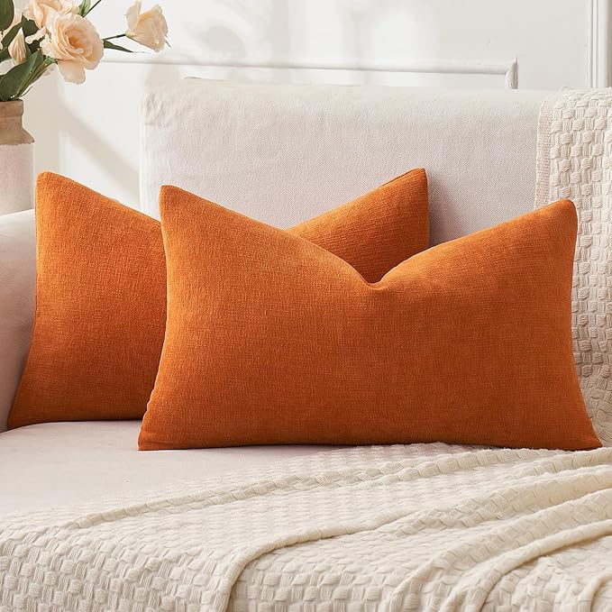 MIULEE Fall Orange Chenille Couch Lumbar Throw Pillow Covers, 12x20 | Set of 2, Soft Farmhouse Modern Home Decor, Decorative Pillowcases for Sofa Living Room Bed