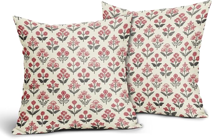 Black Red Christmas Floral Block Print Pillow Covers 20x20 Inch Set of 2, Vintage Flower Pattern Decorative Throw Pillowcases Outdoor Farmhouse Cushion Covers Holiday Rustic Sofa Couch Bed Decor