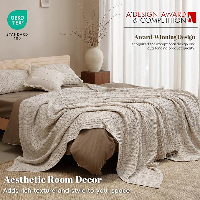 PHF 100% Cotton Waffle Weave Blanket Queen Size, Lightweight Breathable Summer Blanket for Hot Sleepers, Pre-Washed Soft Layer for Bed, Couch, Aesthetic Home Decor & Gift, 90"x90", Light Taupe/Oatmeal