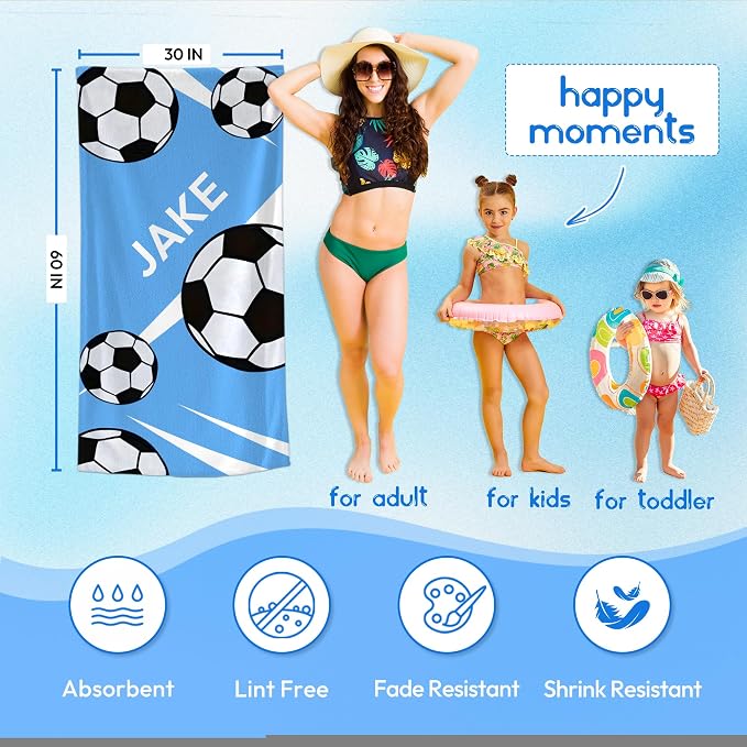 Personalized Beach Towel With Name, Custom Beach Towel with Text, Customized Football Microfiber Pool Towel, Quick Dry & Absorbent Swim Towel for Adult,Anniversary, Birthday, Summer Holiday,vacation
