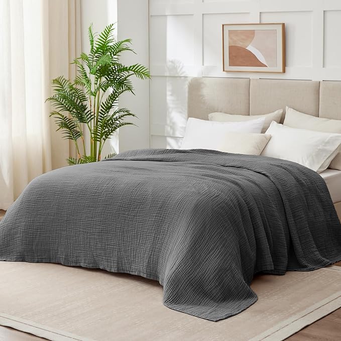 100% Cotton Muslin Blanket California King 120" x 90", 6 Layers Breathable and Lightweight Oversized Blankets for Bed, Soft Cooling Gauze Blanket for Adults All Season, Dark Grey