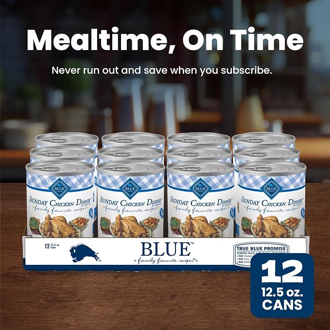 Blue Buffalo Family Favorites Chicken Adult Wet Dog Food, 12.5 oz, 12 ct | Sunday Chicken Dinner Recipe, Real Chicken First, in Gravy, Feed as Treat, Topper, or Meal