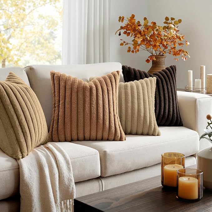 MIULEE Fall Faux Fur Plush Decorative Throw Pillow Covers 18x18, Dark Brown | Set of 4, Striped, Soft Boho Farmhouse Vintage, Rustic Cozy Home Decor, Cushion Cases for Sofa Couch Bed Living Room