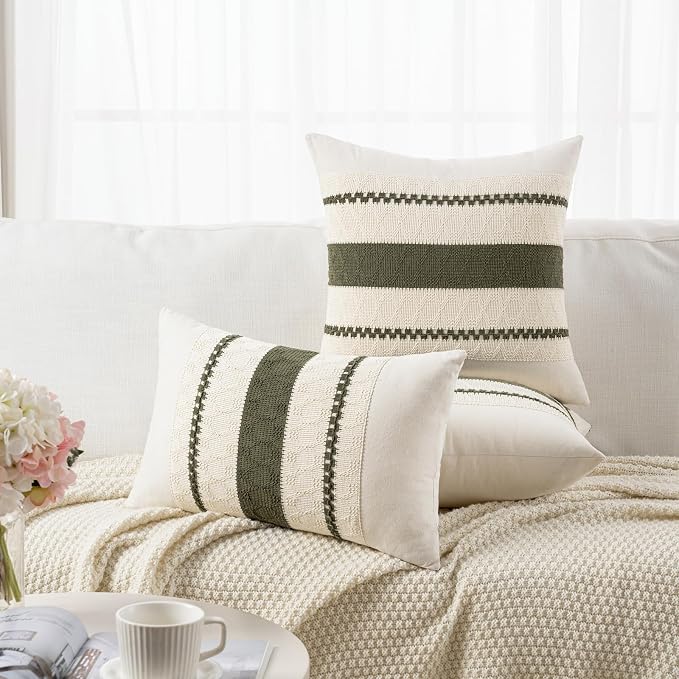 Fancy Homi Set of 1 Boho Olive Green Lumbar Decorative Throw Pillow Cover 12x20 Inch for Couch Bed Sofa Chair, Modern Organic Farmhouse Home Decor, Soft Cotton Cute Accent Rectangle Cushion Case