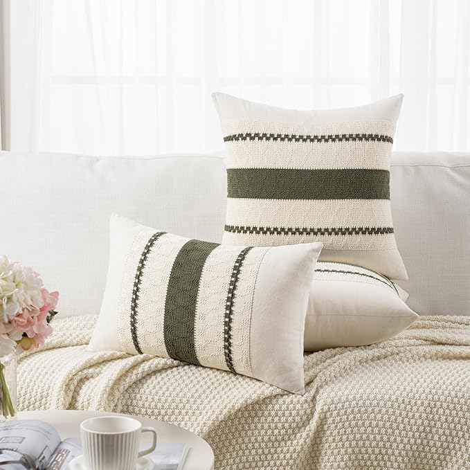 Fancy Homi Set of 2 Boho Olive Green Decorative Throw Pillow Cover 16x16 Inch for Couch Bed Sofa, Aesthetic Modern Organic Farmhouse Home Decor, Soft Cotton Cute Accent Macrame Woven Cushion Case