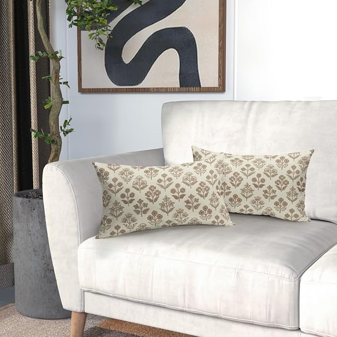 Brown Floral Pillow Covers 12x20 Inch Set of 2, Block Print Lumbar Flower Cream Decorative Throw Pillowcases Outdoor Farmhouse Rectangle Cushion Covers Spring Summer Sofa Couch Bed Decor