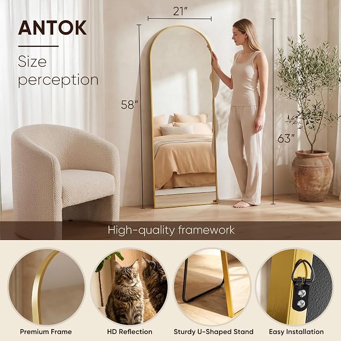 Antok Full Length Mirror, 58"x21" Floor Mirror, Arched Floor Standing Freestanding Arch Full Body Mirrors with Stand for Bedroom, Hanging Mounted for Living Room Cloakroom,Gold