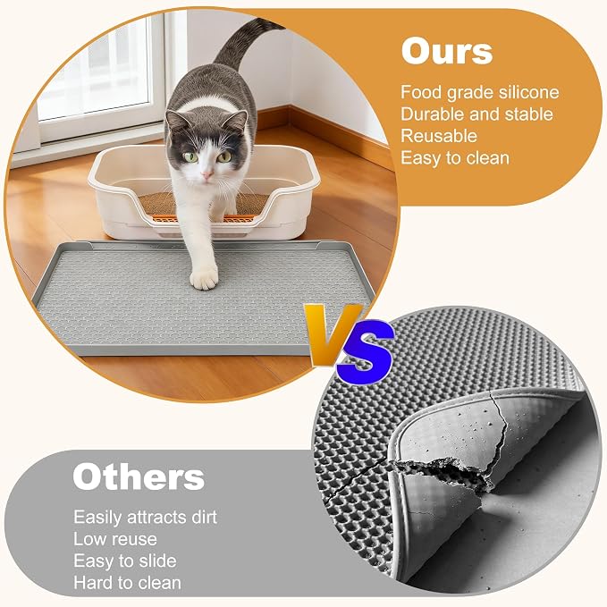 Extra Large Cat Litter Box Mat 34" x 22" – Waterproof Silicone Litter Trapper, Non-Slip, Easy to Clean Floor Protector, Soft on Kitty Paws(Light Grey)