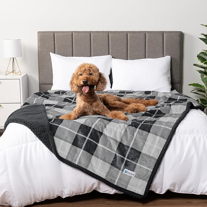 PetAmi Waterproof Dog Blanket for Large Dog Cat Pet, 60x80, Plaid Grey | 460 GSM Sherpa Fleece Reversible, Pee Proof, Furniture Protector Cover for Couch Sofa Bed Kennel, Washable, Extra Large