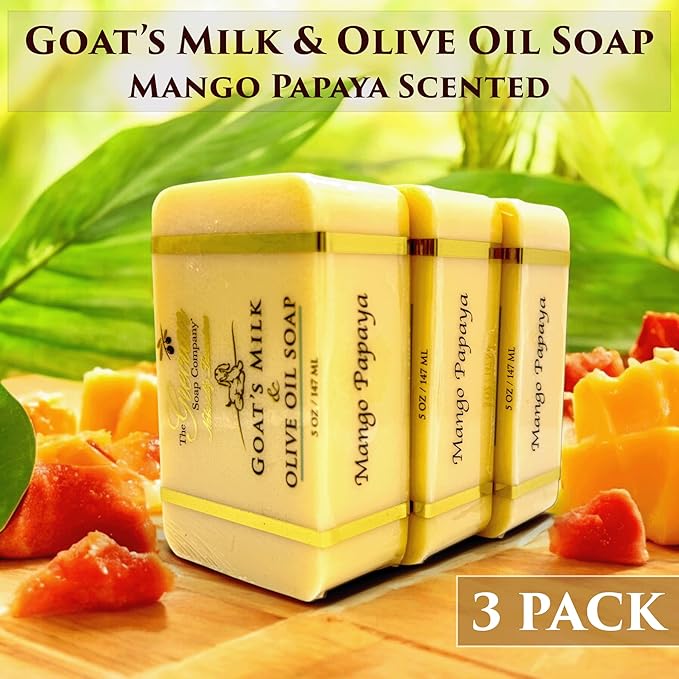 The Grecian Soap Company Goat Milk & Olive Oil Soap Bar 3-Pack – Mango Papaya Scent, Natural Bar Soap for Dry & Sensitive Skin, Moisturizing & Nourishing Body & Face Soap Bars, Handmade in USA