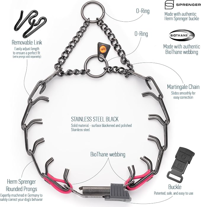 Herm Sprenger Black Stainless Steel Dog Collar with Quick Release ClicLock Buckle O-Ring Biothane Insert Training Collar Made in Germany (Passionfruit Pink, 16in x 2.25mm(Neck Size up to 13-14in))