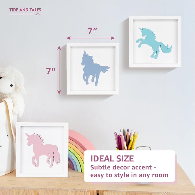 Tide and Tales Unicorn Wall Decor (Set of 3) 3D Framed Unicorn Bedroom Decor for Girls, Pastel Girls Room Decorations, White Wood Nursery Decorations Wall Art, Gift-Boxed