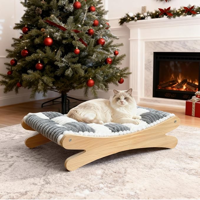 Plush Elevated Cat Bed - Cozy Raised Cat Hammock with Solid Wood Frame, Soft Furry Cushion for Indoor Cats & Small Dogs, Multi-Color Options(Black White)