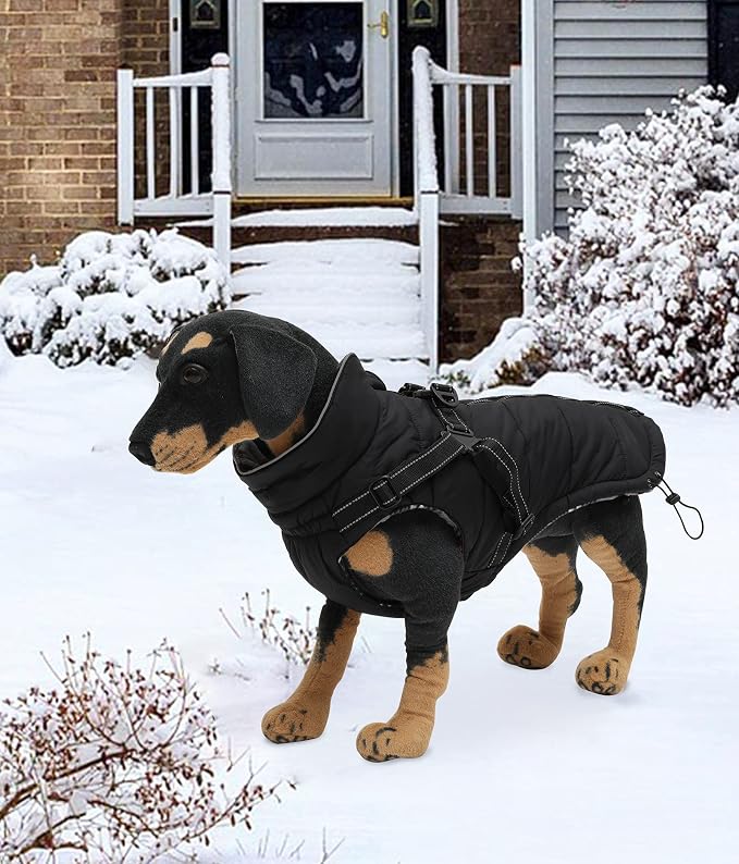 Geyecete Warm Waterproof Winter Dog Coat With Harness Traction Belt - Pet Outdoor Jacket for Autumn and Winter - Medium, Small Dogs - Black-M