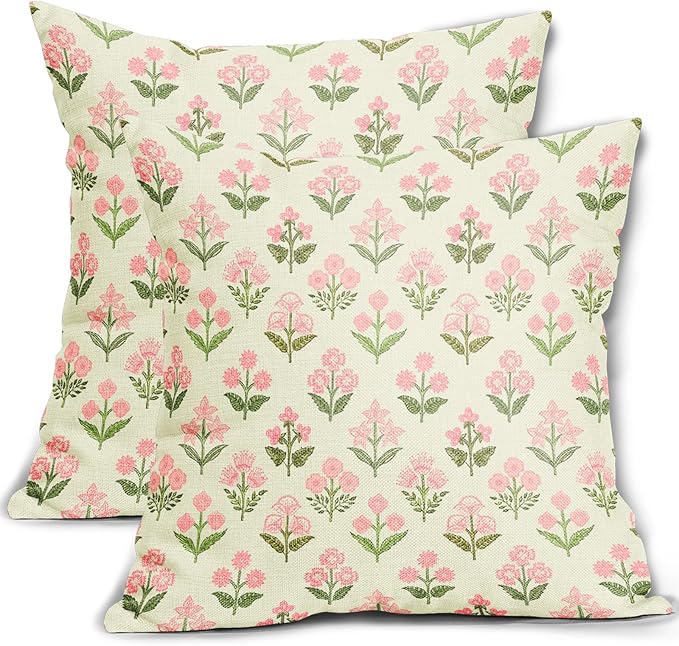 Pink Green Block Print Pillow Covers 20x20 Inch Set of 2 Vintage Floral Decorative Pillow Cases Boho Outdoor Linen Square Cushion Cover Rustic Farmhouse Decor for Bedroom Home Sofa Couch Bed