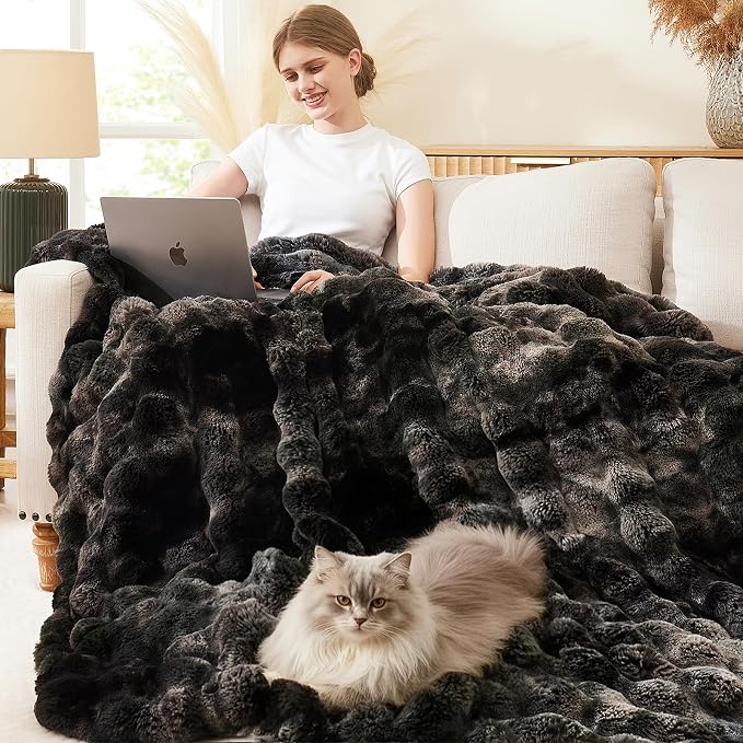 L'AGRATY Faux Rabbit Fur Throw Blanket for Couch, 60'' x 80'', Tie-Dye Gray | Soft Cozy Bubble Fluffy Blanket for Sofa Bed, Thick Warm Plush Fuzzy Throw for Room Home Decor, Luxury Gift for Women Mom