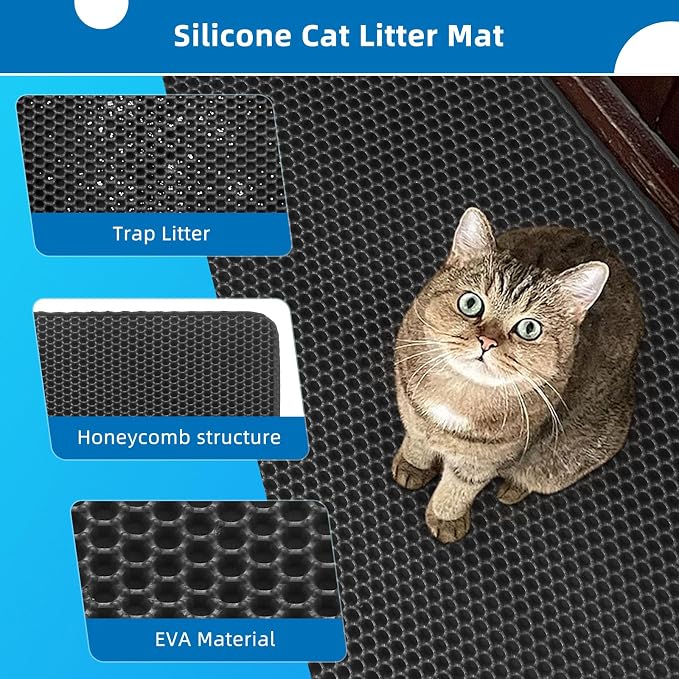 Cat Litter Mat for Indoor Cats Eva Double-Layer Litter Box Mat Washable for Easy Cleaning Cat Rug Collects Litter and Prevents Liquid Leakage (Gray, 23.6×15.7inch)