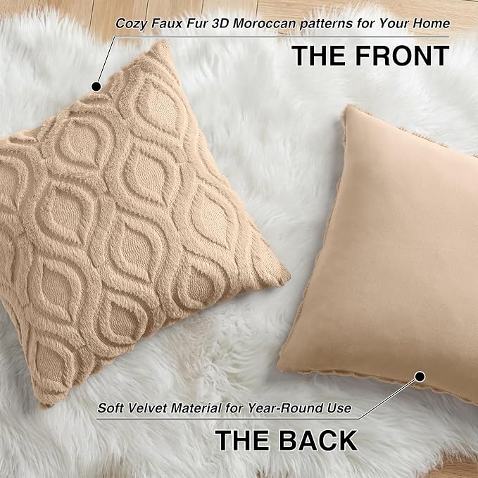 decorUhome Faux Fur Soft Light Khaki Throw Pillow Covers 16x16 Set of 2 | Plush Solid Fall Couch Pillow Covers, Accent Modern Farmhouse Neutral Decorative Square Pillow Cases for Sofa Bed Living Room