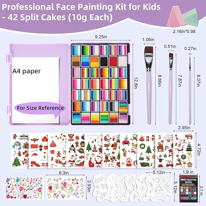 148 Colors Professional Face Painting Kit for Kids | Non-Toxic, Hypoallergenic Water Activated Split Cake Face Paint Palette with 42x10g Cakes | Stencils & Brushes | Halloween , Easter, Party Makeup