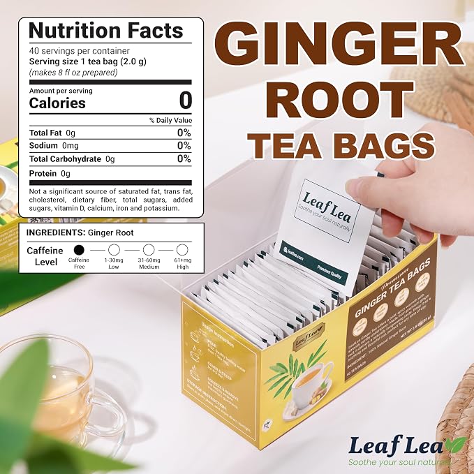 LeafLea Ginger Tea Bags, Spicy Pure Ginger Herbal Tea, 120 Count | Bold Single-Ingredient Brew, Individually Foil-Wrapped, Family Value Pack, Caffeine-Free, Gluten-Free