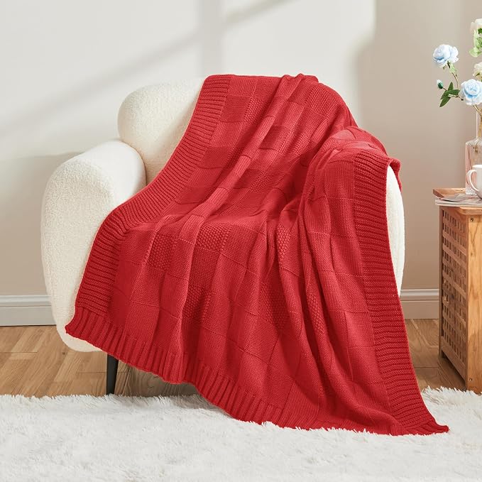CozeCube Christmas Red Knitted Checkered Throw Blanket 60"X80" | Check Knit Throw for Couch, Decorative Christmas Soft Cozy Warm Blanket for Bed Sofa Living Room