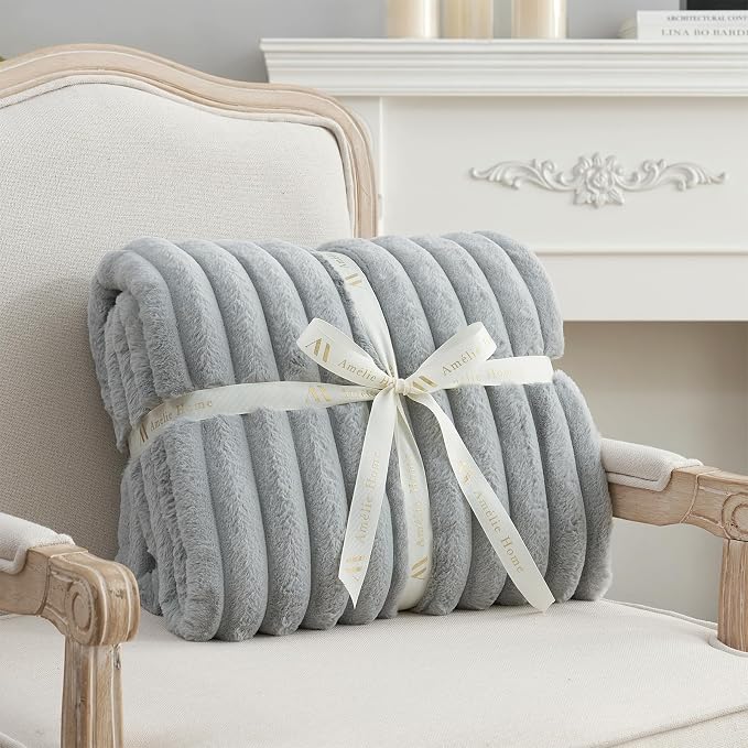 Faux Fur Throw Blanket for Couch, Cozy Fuzzy Fluffy Fur Luxurious Soft Striped Plush Gift Blankets for Family Sofa Chair Bedroom, 55"x70", Light Grey