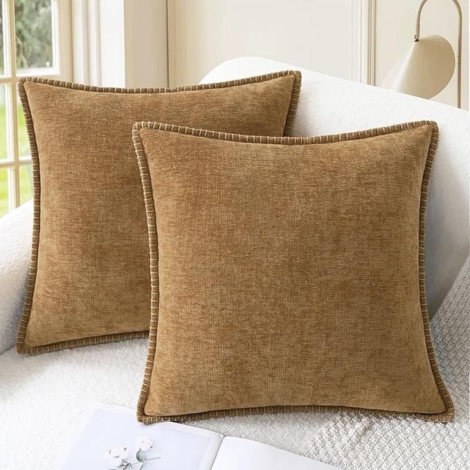 CaliTime Decorative Couch Throw Pillow Covers 22 X 22 Inches Apricot Brown | Pack of 2, Cozy Chenille Cushion Cases, Cotton Thread Stitching Edges, for Sofa Bed Living Room Farmhouse