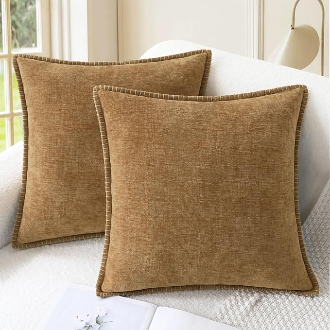 CaliTime Decorative Couch Throw Pillow Covers 18 X 18 Inches Apricot Brown | Pack of 2, Cozy Chenille Cushion Cases, Cotton Thread Stitching Edges, for Sofa Bed Living Room Farmhouse