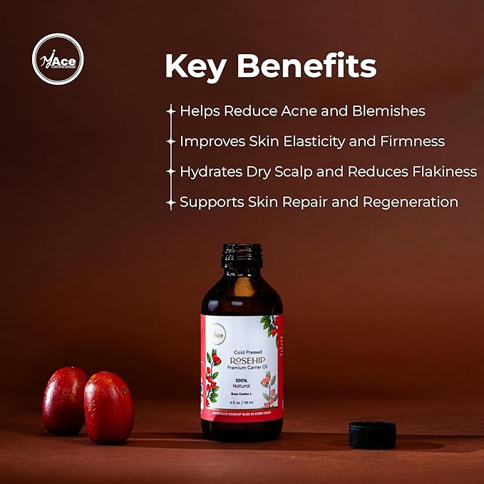 My Ace Rosehip Seed Carrier Oil | 100% Pure Cold Pressed Unrefined Oil for Face & Skin Care, Hair & Body Massage, Anti-Aging & Moisturizing – 4 fl oz