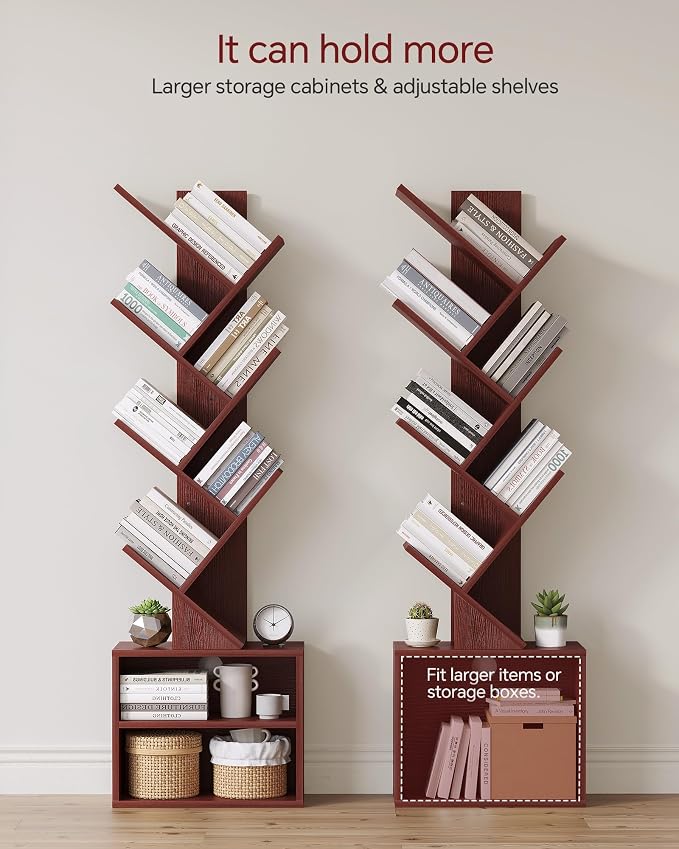 SUNMORY 6 Tier Tree Bookshelf, Tall Small Bookcase with Storage Cabinet | Narrow Bookshelves Organizer, Floor Standing Book Case Shelf for Bedroom Living Room Home Office Corner, Cherry