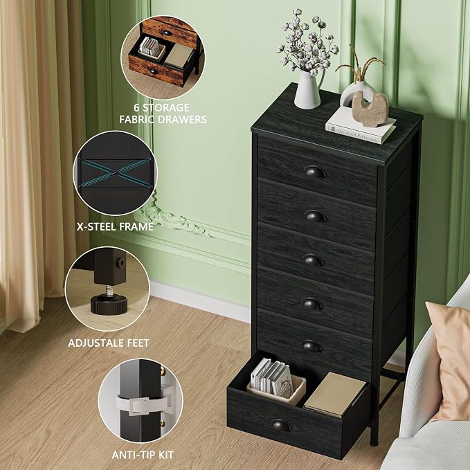 Black Dresser for Bedroom, Tall Fabric Chest of Drawers | Bedroom Dresser with 6 Fabric Bins, Vertical Storage Drawer for Dorm, Organizer in Closet, Living Room, Wood Top, Metal Frame