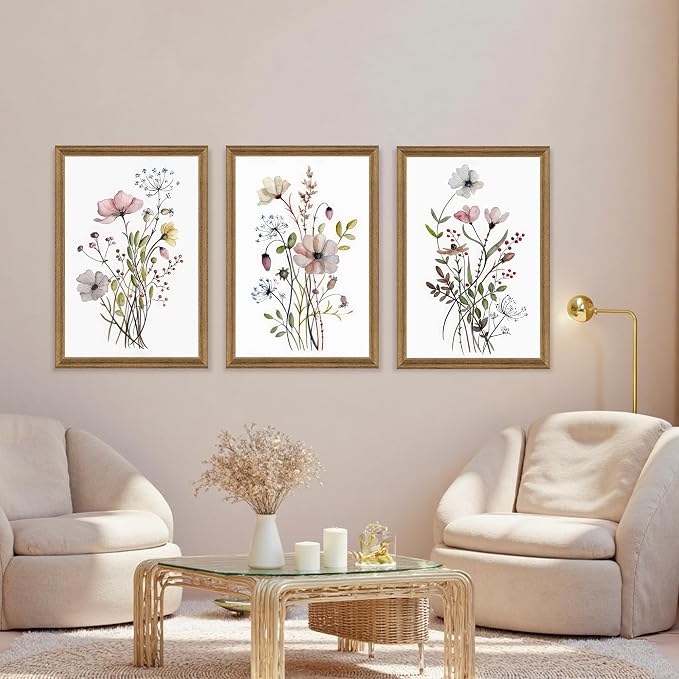 WRFON Framed Botanical Canvas Wall Art Set of 3, Watercolor Floral Prints, Framed Flower Wall Decor for Bedroom Bathroom Living Room, 20x30 Inch Each