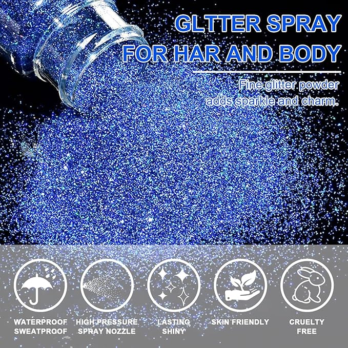 Hair and Body Glitter Spray, Holographic Glitter Highlighter Powder for Rumi Costume Cosplay Makeup, Face Body Clothes Shiny Glitter, Loose Shimmer Hairspray Festival Rave Prom Accessories (Blue)