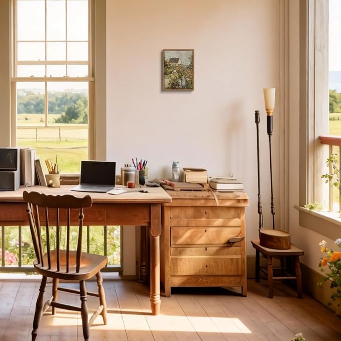 Vintage French Country Cottage Framed Canvas Wall Art – Impressionist Flower Garden Oil Painting Print, Rustic Floral Landscape Decor for Living Room Bedroom Nursery Office 8x10 inch