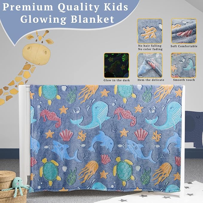 Glow in The Dark Throw Blanket Dolphin Marine Life Luminous Blankets and Throws Blue Colorful Plush Blankets Soft Glowing Throw Graduation Gifts for Kids Girls Boys Teens
