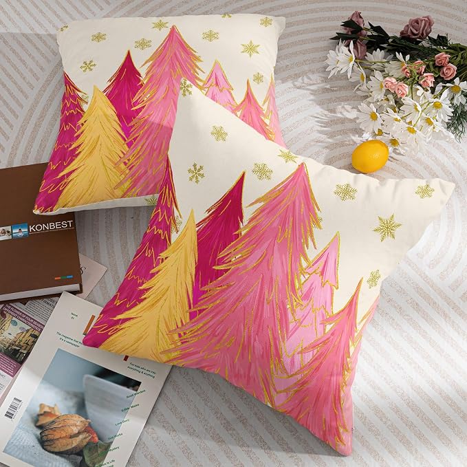Christmas Pillow Covers 22X22 Inch Set of 2 Hot Pink Xmas Trees Decorative Pillow Cases Golden Snowflakes Cotton Linen Cushion Case Farmhouse Winter Holiday Home Decor for Sofa Couch Bedroom