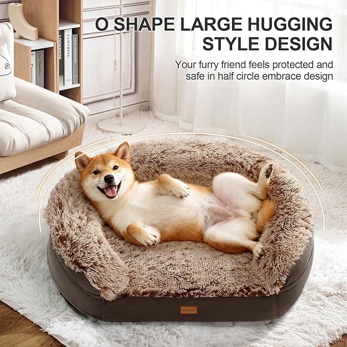 Fluffy Calming Jumbo Orthopedic Dog Beds for Extra Large Dogs, Supportive Dog Sofa Bed with 3.7 inch 28D Egg-Crate Foam, Removable Washable Plush Cover, Waterproof Lining, 48’’,Brown