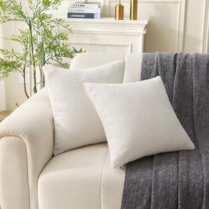 Complete Throw Pillows with Inserts, Set of 2 Decorative Throw Pillow-Boucle-18 x 18"-Square Boho Pillows for Couch, Patio, Bed, Sofa Decor (White, 18" x 18"(Pack of 2))