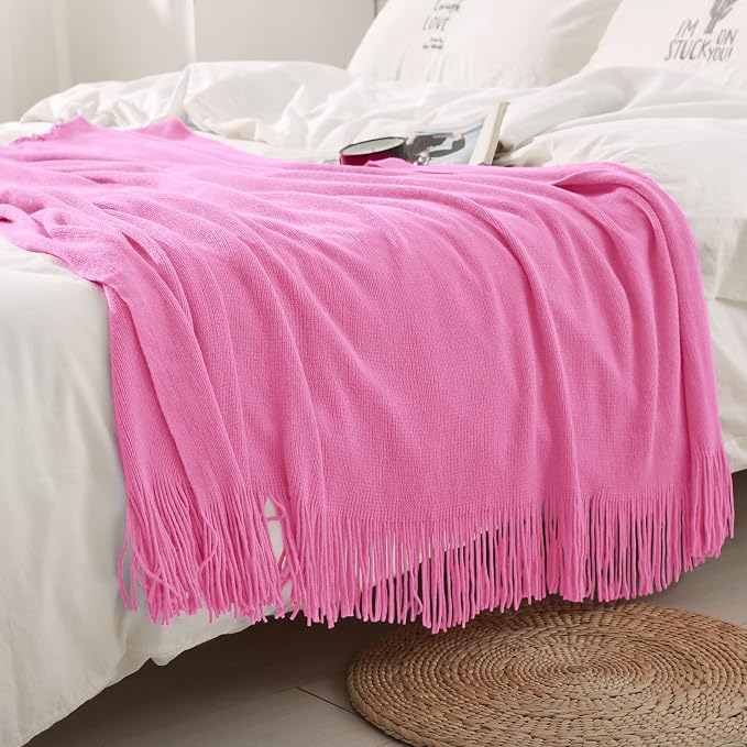 Homiest Hot Pink Knitted Throw Blanket with Fringe, 50x60 Inch | Pure Acrylic, Lightweight & Breathable, All-Season Use, Machine Washable, Wrinkle & Fade Resistant, for Couch Sofa And Bed