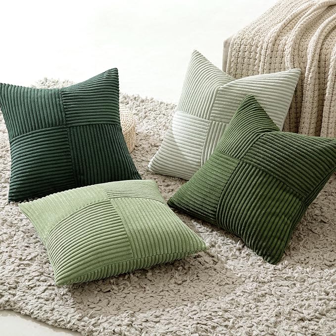 MIULEE Spring Green Decorative Throw Pillow Covers 18x18 Inch Set of 4 Boho Farmhouse Cushion Covers Mordern Nordic Pillow Cases Soft Corduroy Gradient Home Decor for Couch Sofa Living Room Bed