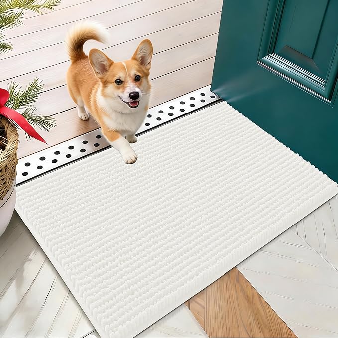 OLANLY Dog Door Mat for Muddy Paws 24x16, Extra Absorbent Chenille Mud Mat | Ivory, Absorbs Moisture and Dirt, Non-Slip Machine Washable Doormat, Quick-Drying Indoor Entryway Floor Mat for Dogs