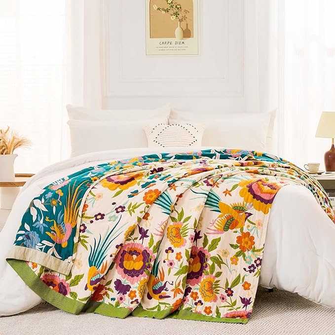 XIBLC Boho Throw Blanket for Bed, 100% Cotton Soft Rustic Quilt Fall Blanket, 60"x80" Floral Printed Farmhouse Decor Bed Blankets, All Season Rustic Reversible Bohemian Throw Quilt