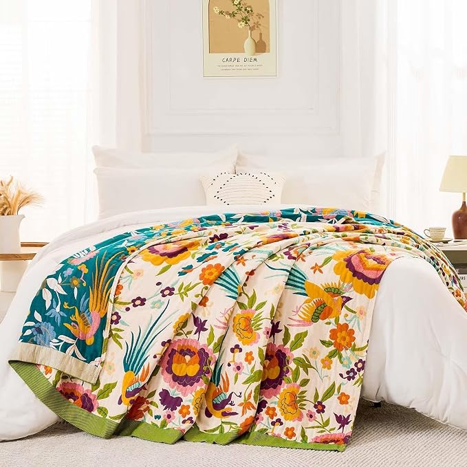 XIBLC Boho Throw Blanket for Bed, 100% Cotton Soft Rustic Quilt Fall Blanket, 80" 90" Floral Printed Farmhouse Decor Bed Blankets, All Season Rustic Reversible Bohemian Throw Quilt