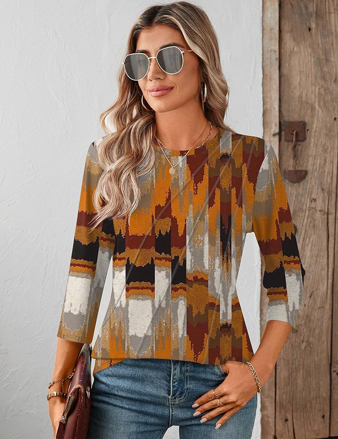 LOMON 3/4 Length Sleeve Womens Tops Spring Summer Fashion 2026 Tops Crew Neck Pleated Shirts Tunic Top Loose Fit