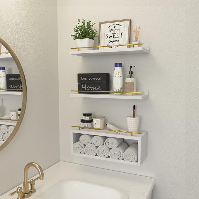 Floating Shelves for Wall with Cube Shelf, Wall Shelves with Metal Rail for Decor, Bathroom Organizers and Storage, Over Toilet Shelves for Bathroom, Toilet Paper-White&Gold