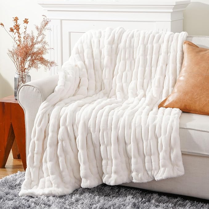 BATTILO Soft Faux Fur Throw Blanket for Couch, Double Side, 60"x80", White | Luxury Minky Couture Blanket, White Throw Blanket, Silky Cozy Soft Thick Faux Fur Blanket For Bed, Sofa Living Room