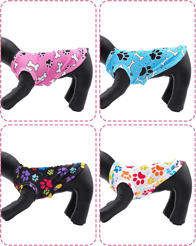 PET SHOW 4 Pack Paw Bone Printed Dog Clothes Shirts Soft Dog Vest Lightweight Sleeveless Cats Doggies T-Shirts Puppies Tank Top Tee Cat Clothes for Small Medium Dogs White Black Pink Blue S