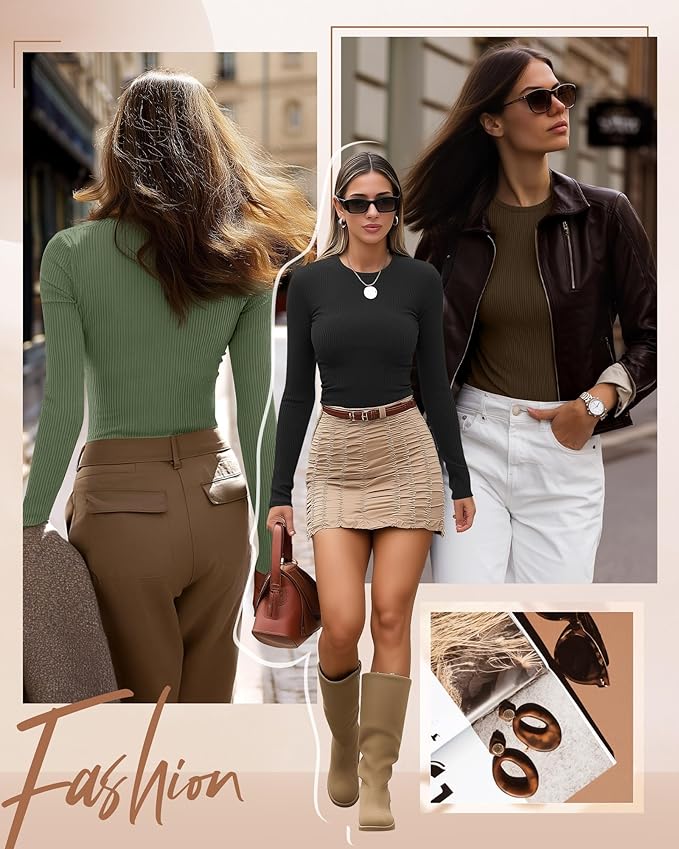 Ficerd 3 Pack Women's Ribbed Long Sleeve Tops, Crew Neck Slim Fit Undershirts Knit Basic Casual Stretch Layering Tee Shirts