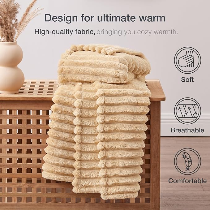 EXQ Home Fleece Blanket Twin Size for Couch or Bed - 3D Stripe Jacquard Decorative Blankets - Cozy Soft Lightweight Fuzzy Flannel Blanket Suitable for All Seasons(60"×80",Camel)